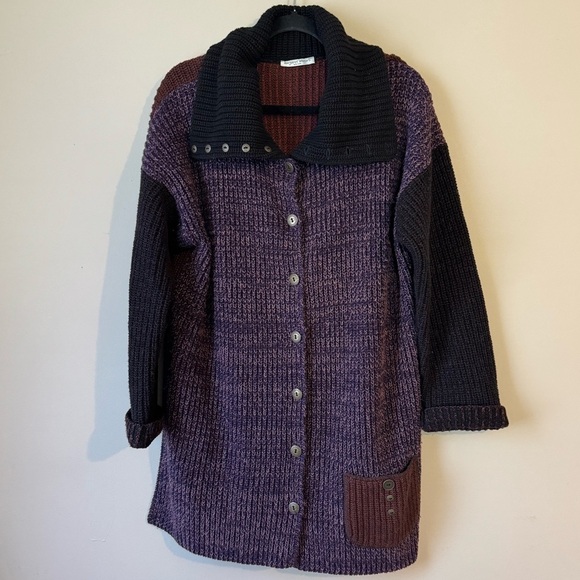 Margaret Winters Color Block Purple Black Long Sweater Cardigan Front Button Art - Picture 1 of 12